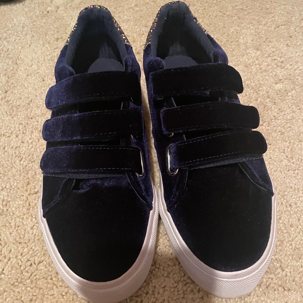 Blue crushed velvet glitter Velcro platform sneakers